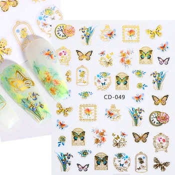 3D Nálepky na Nechty Samoopaľovacie Jar Zlato Manikúra Motýľ Hodiny Kvet, List Vták Daisy Jazdca Dizajn, Nail Art Decoration