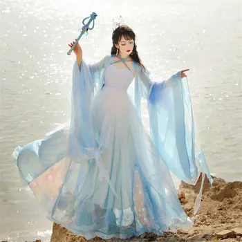 Hanfu Šaty Žien Karneval Cosplay Kostým Tému Party Outfit Starovekej Čínskej Tradičnej Hanfu Šaty Gradient Modrá Tanečné Šaty