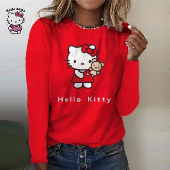 Jar Nové dámske tričko Tee Cartoon Hello Kitty Tlačiť Bežné Prázdninový Víkend Dlhý Rukáv Cartoon Kolo Krku T-shirt Hot Predaj