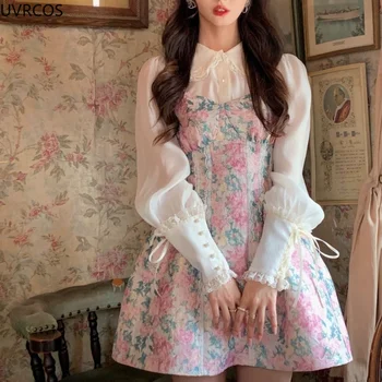 Sladké Kvetinové 2 Dielny Šaty Žien Vintage Kawaii Lolita Šaty Kórejský Módy Obleky Y2k Mini Šaty Pre Ženy 2021 Elegantné