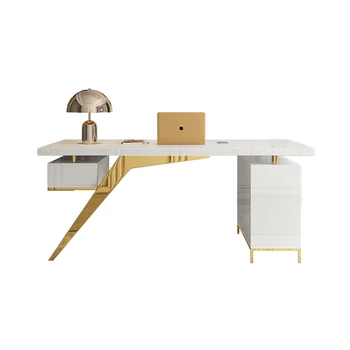 Svetlo luxusné skladovanie písací stôl, moderný a minimalistický štúdia, biela farba kancelársky stôl, z nehrdzavejúcej ocele pozlátené písací stôl, počítač, písací stôl