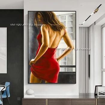 Veľká Veľkosť Ručne Maľované Sexy Ženy s Červené Šaty Obrázok olejomaľba Wall Art Moderný Office Nástenné Plátno Domáce Dekorácie Darček