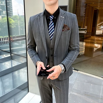 ( Bunda + Vesta + Nohavice ) Retro Gentleman Klasické Módne Prúžok Mens Formálne Business Slim Oblek 3 Pces Nastaviť Nevesty Svadobné Šaty