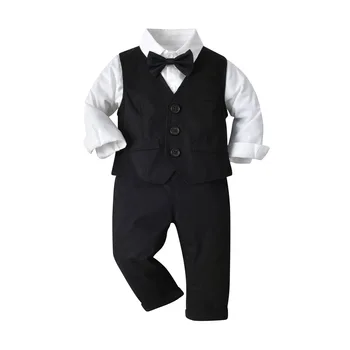 Chlapec Dieťa Svadobný Oblek Batoľa Detský Oblečenie Formálne Bavlna Čierna Vesta + Biele Tričko + Nohavice 4 Kusy Plnej Oblečenie