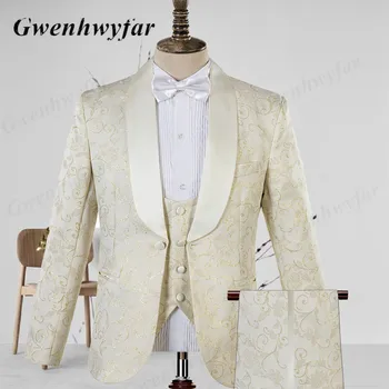 Gwenhwyfar šité na Mieru Muži Tuxedos krémovú Farbu 2022 Vysokej Kvality Gold Line Výšivky Kostým Formálne Šatkou Klope Muži Obleky 3 Ks