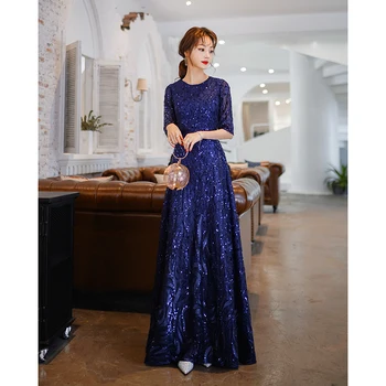 Kráľovská Modrá Dlho Formálne Šaty Pre Ženy Elegantné O-krku Iskrivý Sequin Večerné Šaty