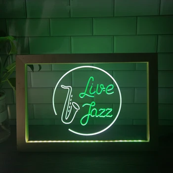 Live Jazz Music Room Dual Farebné LED Neónový nápis Photo Frame Tvorivé stolná Lampa, Spálne, písací Stôl Drevené 3D Nočné Svetlo