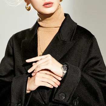 Zimné Dlhý Čierny Kabát Ženy Patria 2021 Nové Voľné Vody Zvlnenie Cashmere Kabát Ženy Vyhovovali Golier Modrý Kabát Bežné Čipky Elegantný Kabát